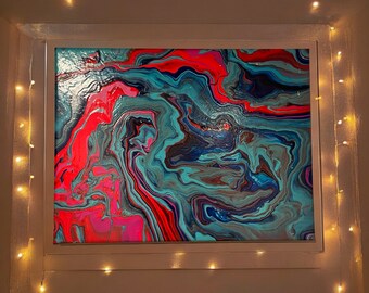 Lava se encuentra con la pintura abstracta original del océano sobre lienzo estirado usando pintura acrílica- Decoración de pared