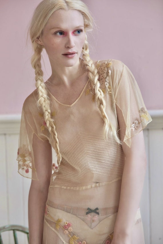 Vintage delicate feminine 20s semisheer tulle dres