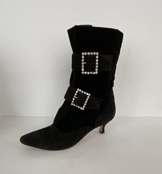 Manolo Blahnik Velvet Kitten Heel Boots with Rhinestone Buckles