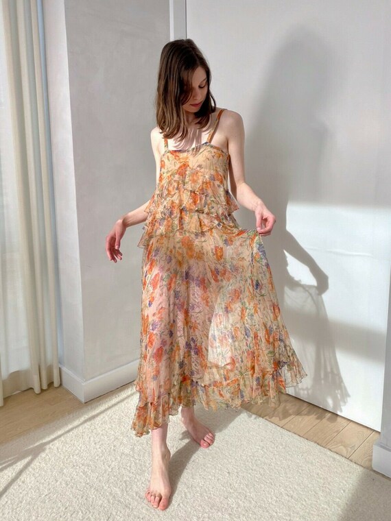 Vintage Original 1920s Warm Floral Silk Chiffon Dr