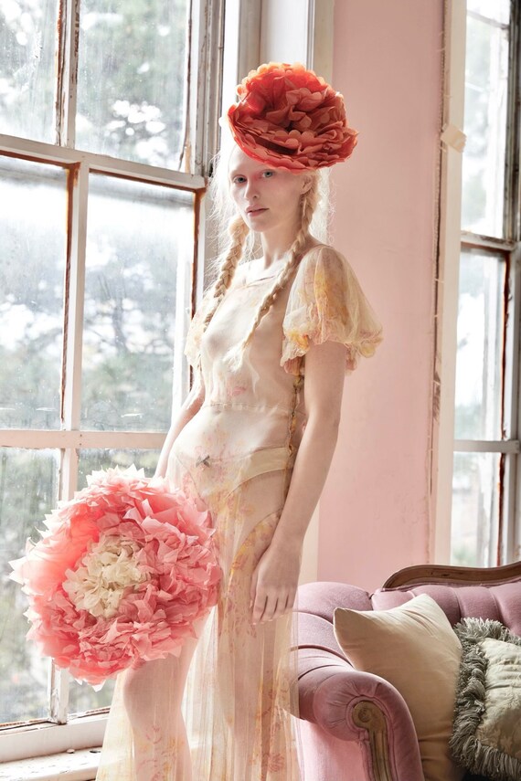 Vintage 30s ethereal peach silk tulle gown