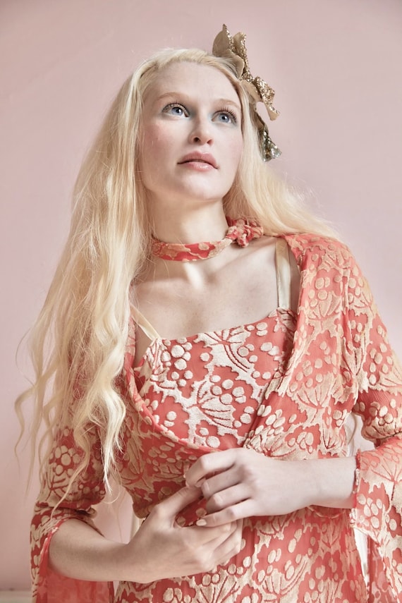 Vintage coral burnout velvet culotte dress