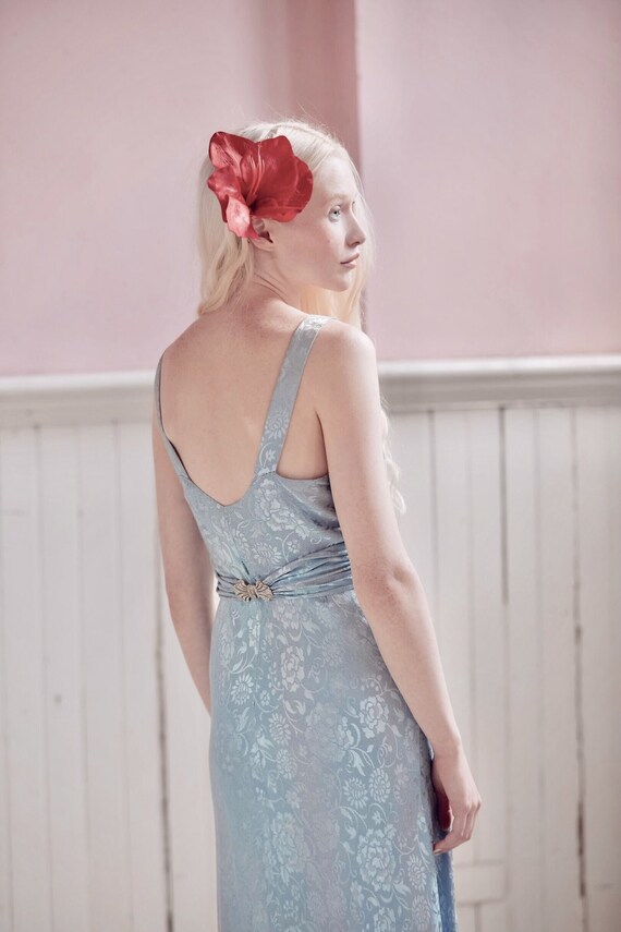 Vintage 1930s sky blue floral silk jacquard slip d