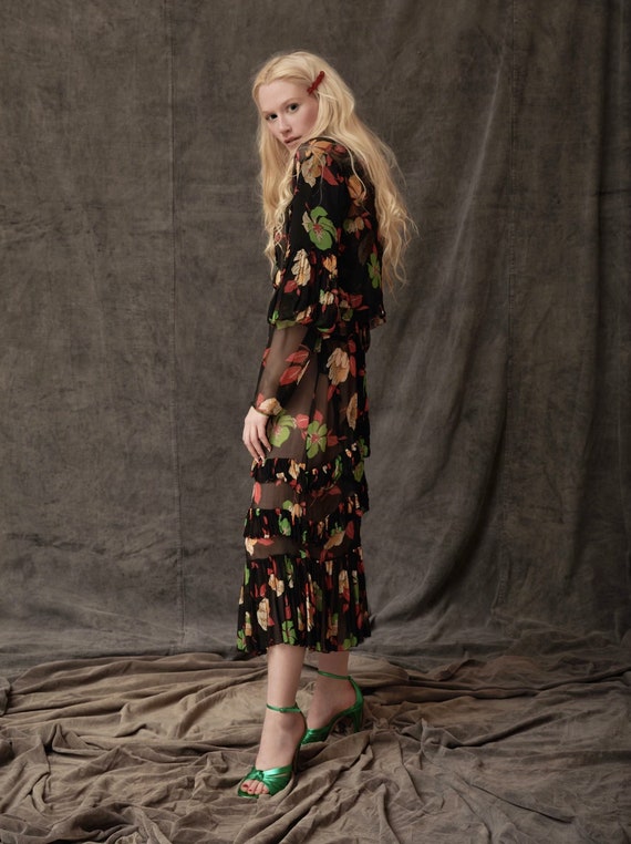 Vintage 30s black silk chiffon floral dress