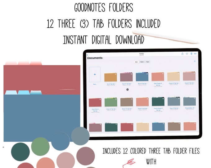 Goodnotes Digital File Folder- Three (3) Tab Folders in 12 Colors ...