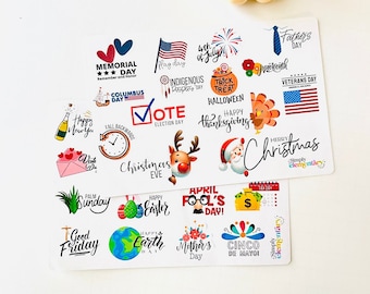 Holiday Planner Stickers: Teacher Journal, National Holidays (2 Sheets)