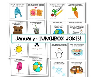 May include: A set of printable cards with snowman-themed jokes and illustrations. The cards feature a variety of winter-themed images, including snowmen, mountains, and a snowman wearing a hat. The text on the cards includes questions and answers to the jokes.