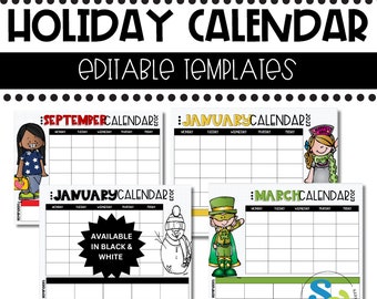 Editable Classroom Holiday Calendar Templates: Printable Monthly Planner (Google Slides & PowerPoint)