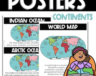 7 Continents World Maps Classroom Posters, Homeschool Printable Social Studies Learning Activities for Geography