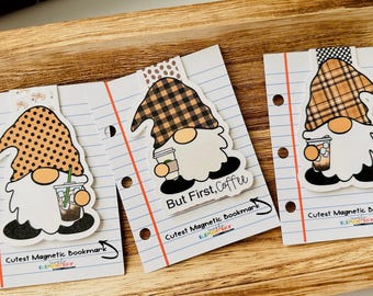 Book Lovers Coffee Cup Magnetic Bookmarks Bundle Gift, Cute Gnome Paper Laminated Book Page Holder, All 3 for One Low Price