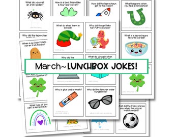 May include: A set of printable cards with St. Patrick's Day themed jokes. Each card features a colorful illustration and a question or riddle. The cards are titled "March~LUNCHBOX JOKES!"