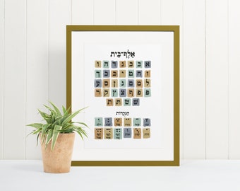 Aleph Beis Chart, Blue Brown, Hebrew Letter Poster, Nekudos, Hebrew School, Children's bedroom decor, Judaica gift, Alef bet, educational