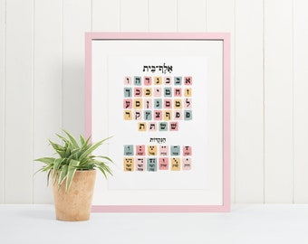 Aleph Beis Chart, Pastels, Hebrew Letter Poster, Nekudos, Hebrew School, Children's bedroom decor, Judaica gift, Alef bet, educational