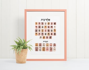 Aleph Beis Chart, Pink Orange, Hebrew Letter Poster, Nekudos, Hebrew School, Children's bedroom decor, Judaica gift, Alef bet, educational