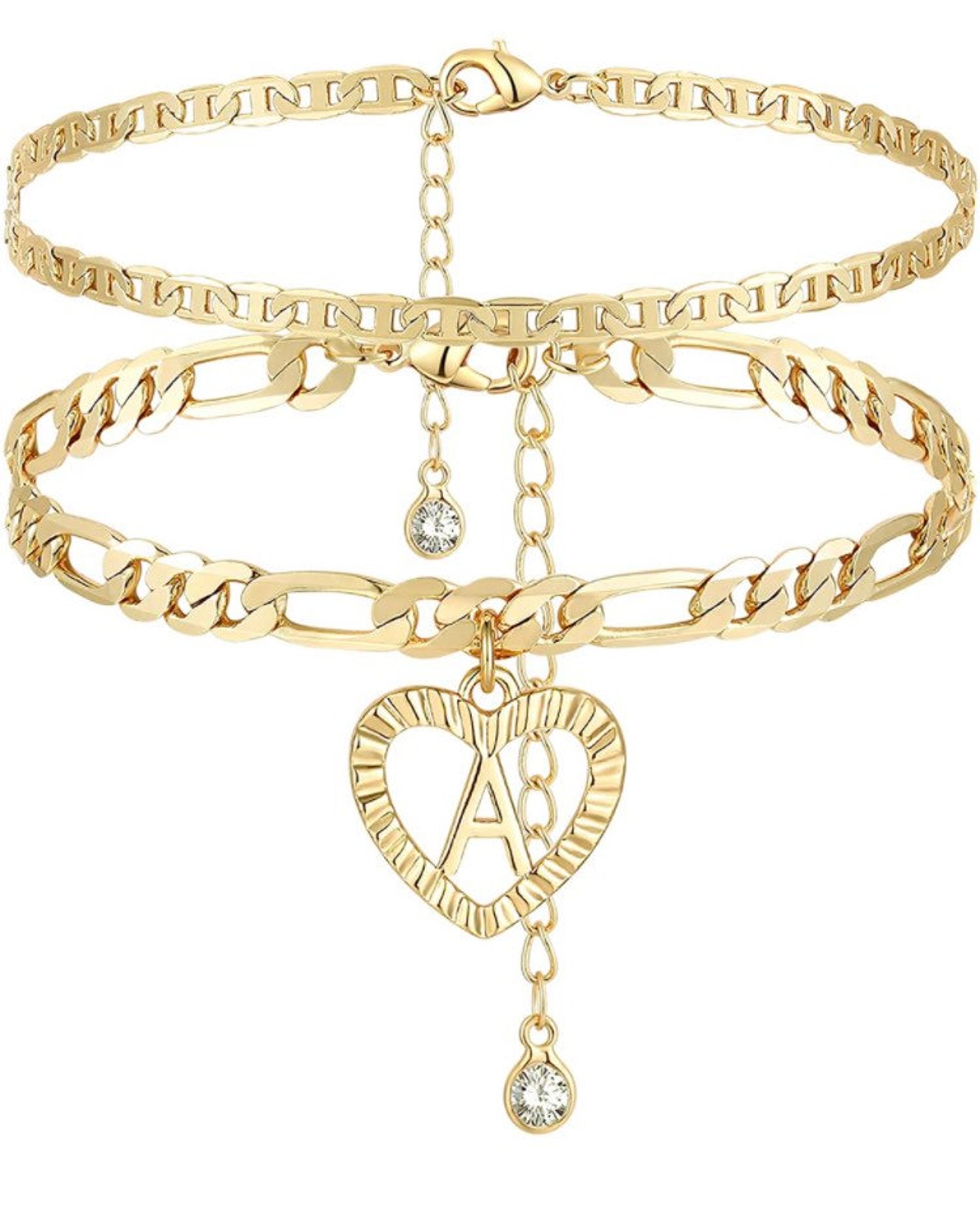 14k Gold plated layered anklet with initial heart charm Etsy