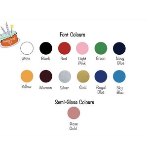 May include: A chart showing font and semi-gloss color options for a birthday design. The font colors include white, black, red, light pink, green, navy blue, yellow, maroon, silver, gold, royal blue, and sky blue. The semi-gloss colors include rose gold.