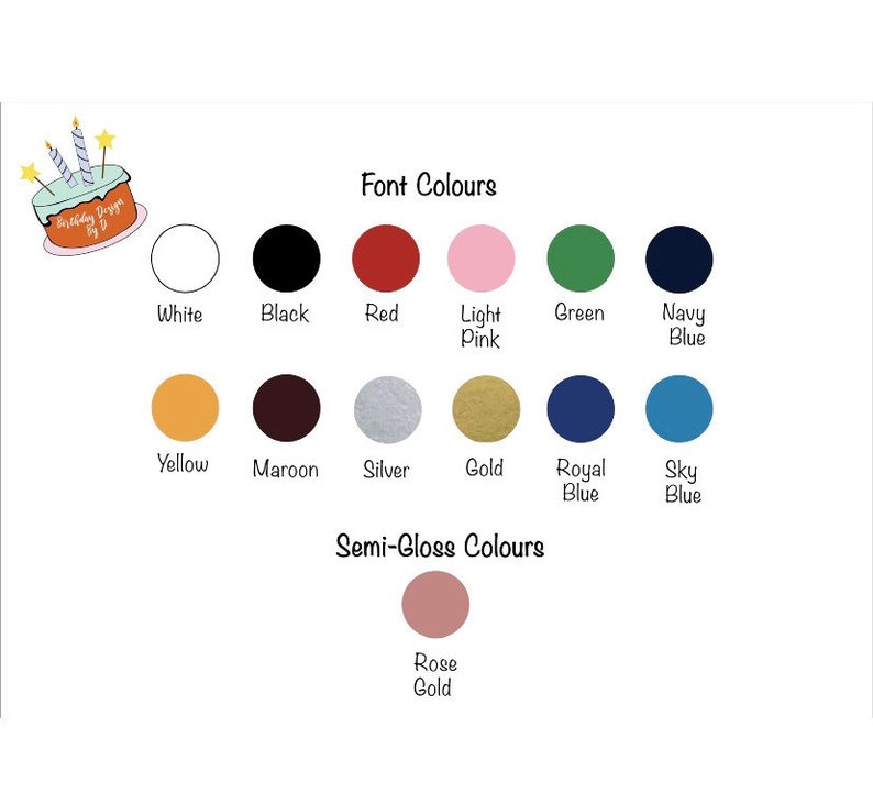 May include: A chart showing font and semi-gloss color options for a birthday design. The font colors include white, black, red, light pink, green, navy blue, yellow, maroon, silver, gold, royal blue, and sky blue. The semi-gloss colors include rose gold.