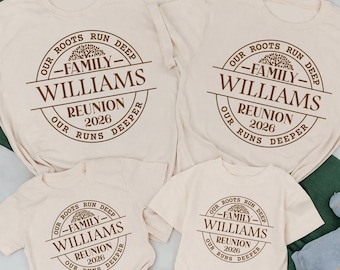 Custom Family Reunion 2026 Shirts, Our Roots Run Deep Love Runs Deeper, Personalized Brown Tree T-Shirt