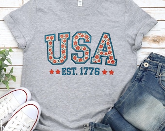 Patriotic Floral USA T-Shirt, America 250th Anniversary Shirt, 1776–2026 Tee