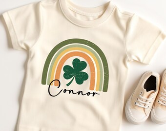Custom Name Retro Rainbow Shamrock 2026 Toddler T-shirt: Personalized St Patrick's Day Shirt, Distressed Four Leaf Clover Tee