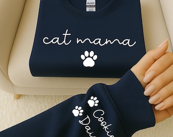 Personalized Cat Mama Sweatshirt With Cat Name, Custom Fur Mom Hoodie, Animal Owner Gift