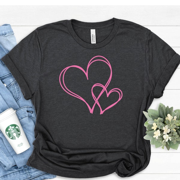 Custom Colored Double Heart Line Shirt, Cute Valentine Day, Valentine Gift, Customized Heart shirt, Heart Love Shirt, Double Heart Shirt