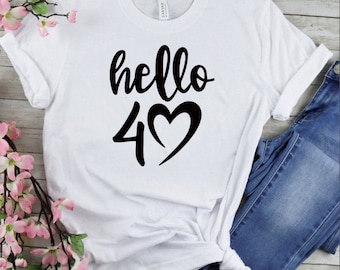 Custom 40th Birthday T-Shirt: Hello 40 Heart Tee