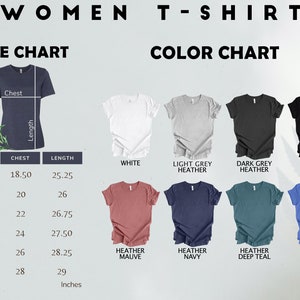 Puede incluir: Tabla de tallas y colores para una camiseta de mujer. La tabla muestra las medidas de pecho y largo en pulgadas para las tallas S, M, L, XL, 2XL y 3XL. La tabla de colores muestra 10 colores diferentes: blanco, gris claro jaspeado, gris oscuro jaspeado, negro jaspeado, malva jaspeado, azul marino jaspeado, azul oscuro jaspeado, azul columbia jaspeado, y dos colores m&aacute;s.