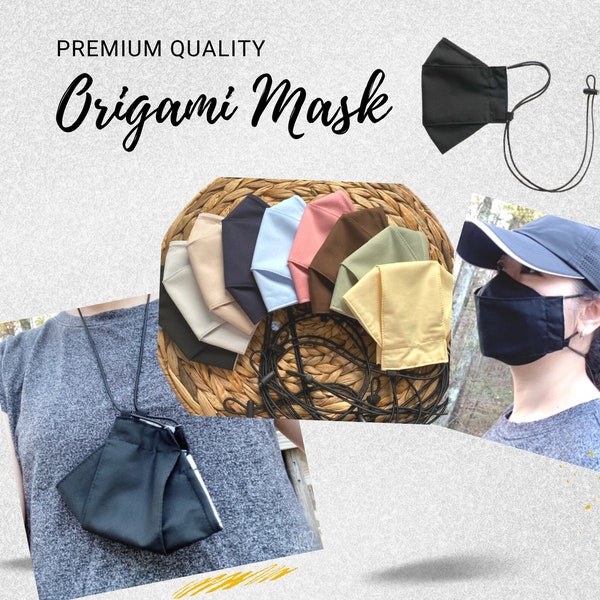 Origami Cotton Black Face Mask with Nose Wire, Filter Pocket, Built in Lanyard, Adjustable Ear Loops, Washable, Anti-Fog mask, Mask w/chain