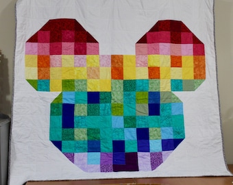 Mickey Mouse Rainbow Quilt, Small Twin, Large Lap throw blanket, Handmade Quilt, Bedroom Decor, Colorful, Multicolored, Gift, Block Pattern