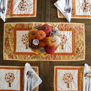 Set of 4 Embroidered Fall Tree Placemats, Table Decor, Autumn, Cream, Orange, Red, Gold, Kitchen, Leaves, Dining Room, Handmade Quilted
