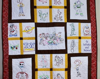 Toy Story Lap Quilt, Embroidered, Woody, Buzz, Forky, Bo Peep, Bedroom Decor, Blanket, Yellow, Red, Brown, Bullseye, Hamm, Slinky, Wheezy