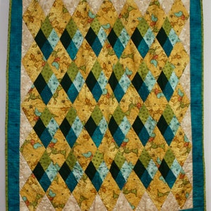 Argyle Pattern Bleu et Vert World Carte Lap Quilt, Voyage Thème Handmade Quilt, Carré, Rectangle Imprimé Quilt, Décor de chambre à coucher
