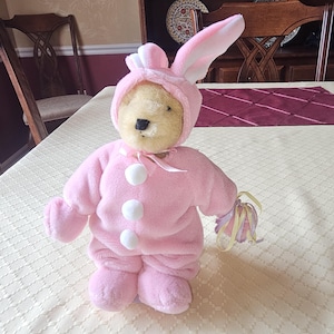 May include: A plush teddy bear wearing a pink bunny costume with white pom-pom buttons and long ears. The bear holds a bundle of pastel ribbons, perfect for Easter or spring decor.