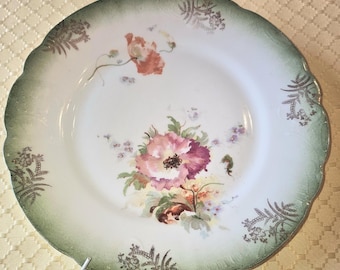Vintage Duits bord met bloemen uit het begin van de 20e eeuw op metalen verende muurhanger