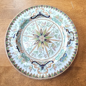 May include: A decorative ceramic plate with a detailed floral and butterfly design. The plate features a central starburst pattern in green, gold, and blue, surrounded by intricate botanical and insect motifs. The rim has a repeating geometric pattern with green and blue accents.