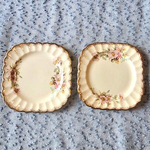 May include: Two square, off-white plates with scalloped edges and gold trim. Each plate features a floral design with pink and yellow flowers. The plates are set against a blue textured background.