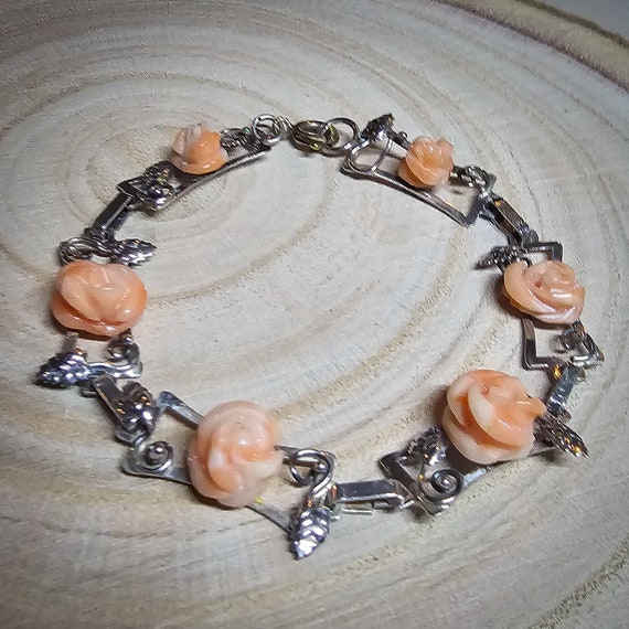 Darling Peach Rose and Silver Bracelet - 1960's V… - image 5
