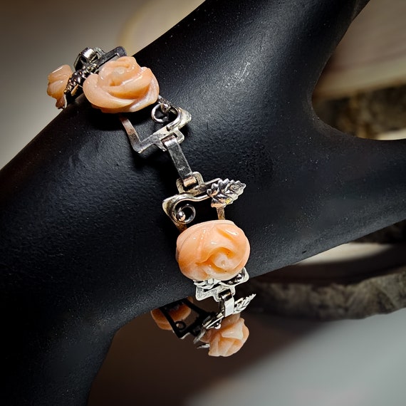 Darling Peach Rose and Silver Bracelet - 1960's V… - image 3