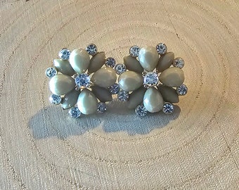 Vintage, Gold-Tone, Rhinestone and Flower Earrings