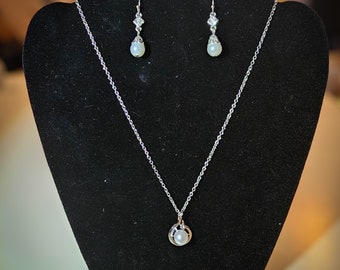 Silver and Imitation Pearl Pendant and Earring Set