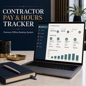 May include: A laptop displaying a Contractor Pay & Hours Tracker dashboard with pay period totals, contractor lists, and payment charts. The screen shows data for James Smith, Maria Carter, David Wilson, and Amanda Hill alongside a pen and notebook.