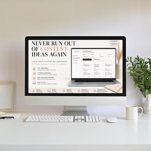 Könnte beinhalten: Ein Computermonitor, der eine digitale Benutzeroberfläche für einen Content-Ideen-Generator anzeigt. Der Bildschirm zeigt den Text 'NEVER RUN OUT OF CONTENT IDEAS AGAIN' sowie eine Liste von Funktionen, darunter 100+ Branchen und 10 Ideen in Sekunden.