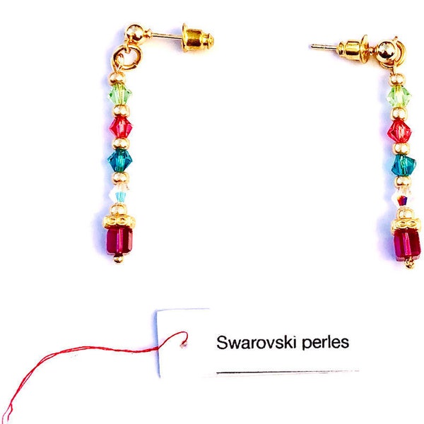 Boucles d'oreilles, BO, pendantes,  " Princesse", plaquées or, et authentiques cristaux de Swarovski perle cube et toupie