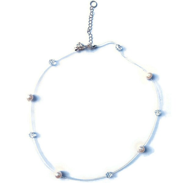 Collier ras de cou invisible - Perles en cristal de Swarovski et perles d'eau douce - Fil de nylon transparent - Fil de pêche invisible