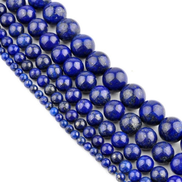 Lot de perle de LAPIS LAZULI uni,3A,  perle ronde lisse en véritable pierre naturelle semi précieuse, 4 6 & 8mm- Bijoux, joaillerie