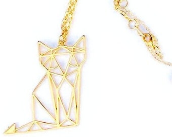 Collier, fait main, plaqué or, et exceptionnel, chat, origami, plaqué or,3 microns,  24K