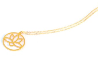 Collier plaqué or, pendentif, fleur de Lotus, plaqué or