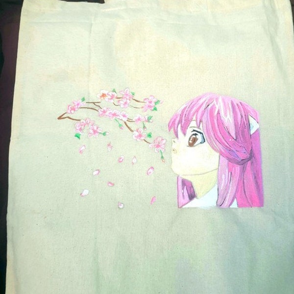 Tote Bag, Sac, neuf, peint à la main, Fillette, et, cerisier Japonais