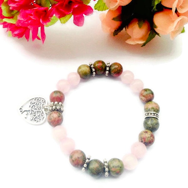 Bracelet en perles d'Unakite et quartz rose 8mm.boho yoga bracelet cadeau- Coeur plaqué argent